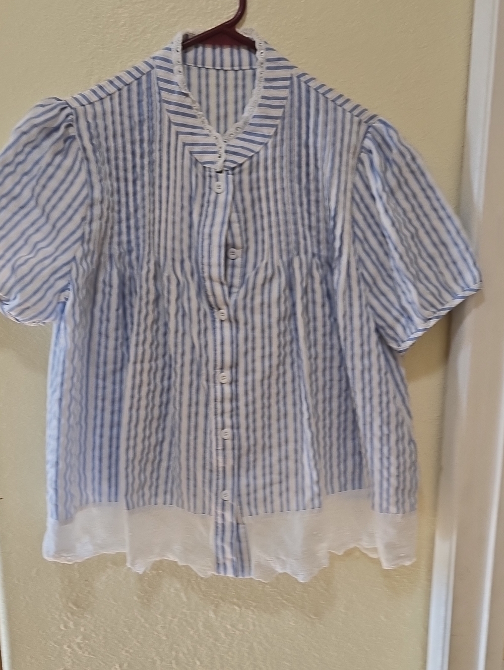 Women's Blue and White Striped Button-Front Blouse